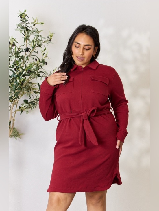 Culture Code Dresses & Skirts - Culture Code Full Size Tie Front Half Zip Long Sleeve Shirt Dress